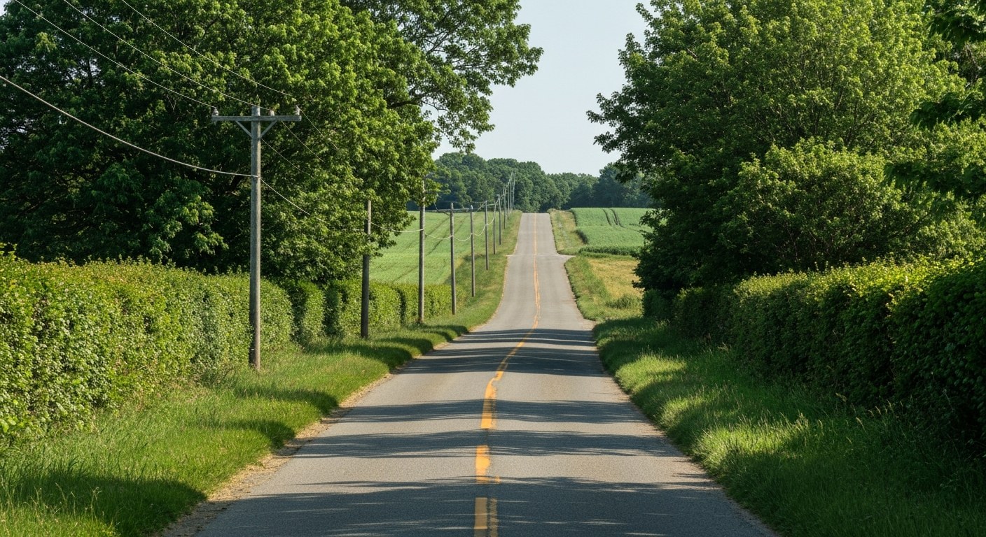 country road through farmland with hedgerows in summer, eastern Long Island