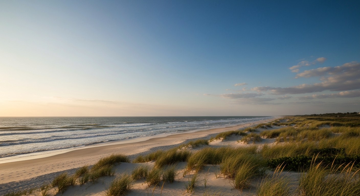 ocean beach with dunes and beach grass at sunset, wide view