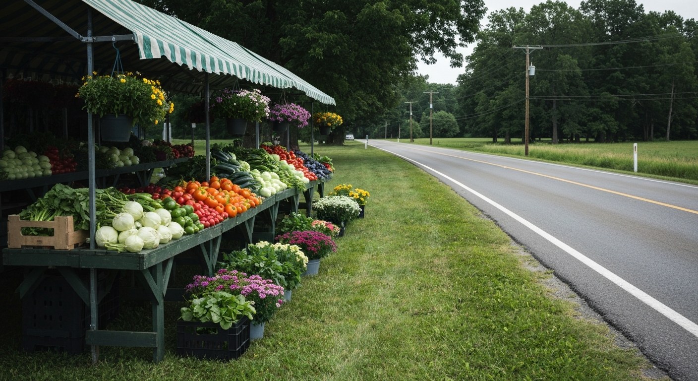 farm stand with fresh vegetables and flowers by a country road, summer