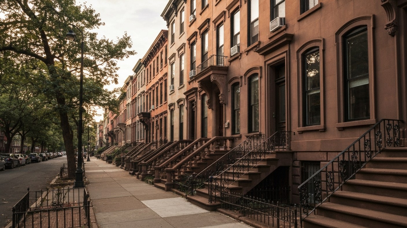 row of nineteenth century brownstone townhouses on a wide tree-lined street in upper Manhattan, ston
