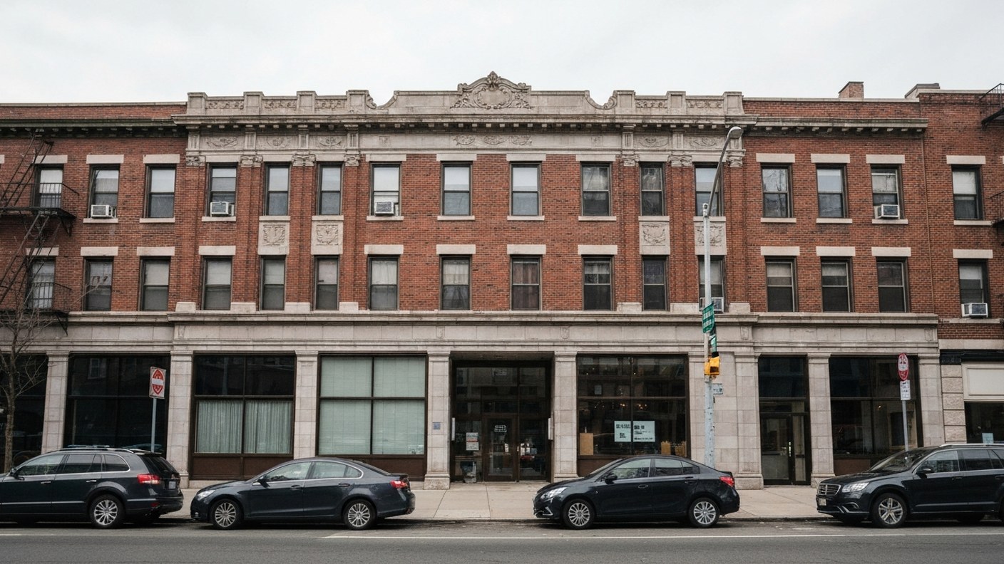 exterior of a five story brick apartment building with a stone cornice in upper Manhattan, ground fl