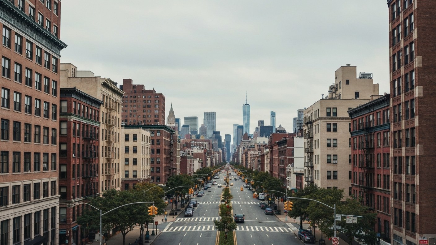 view along a wide upper Manhattan avenue with low rise buildings on both sides and a distant skyline