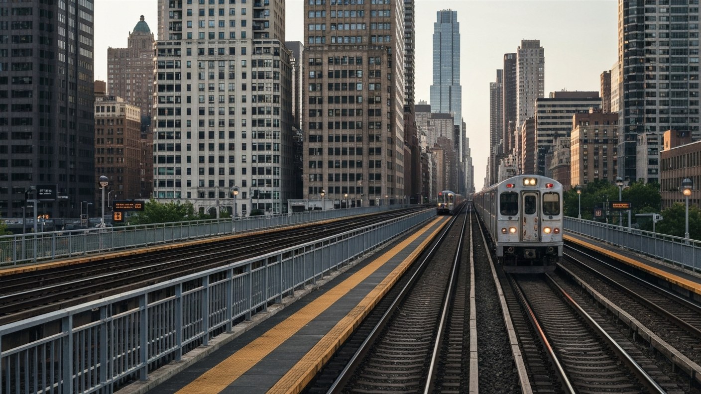 elevated commuter rail platform in upper Manhattan with a train arriving, city buildings behind, mor