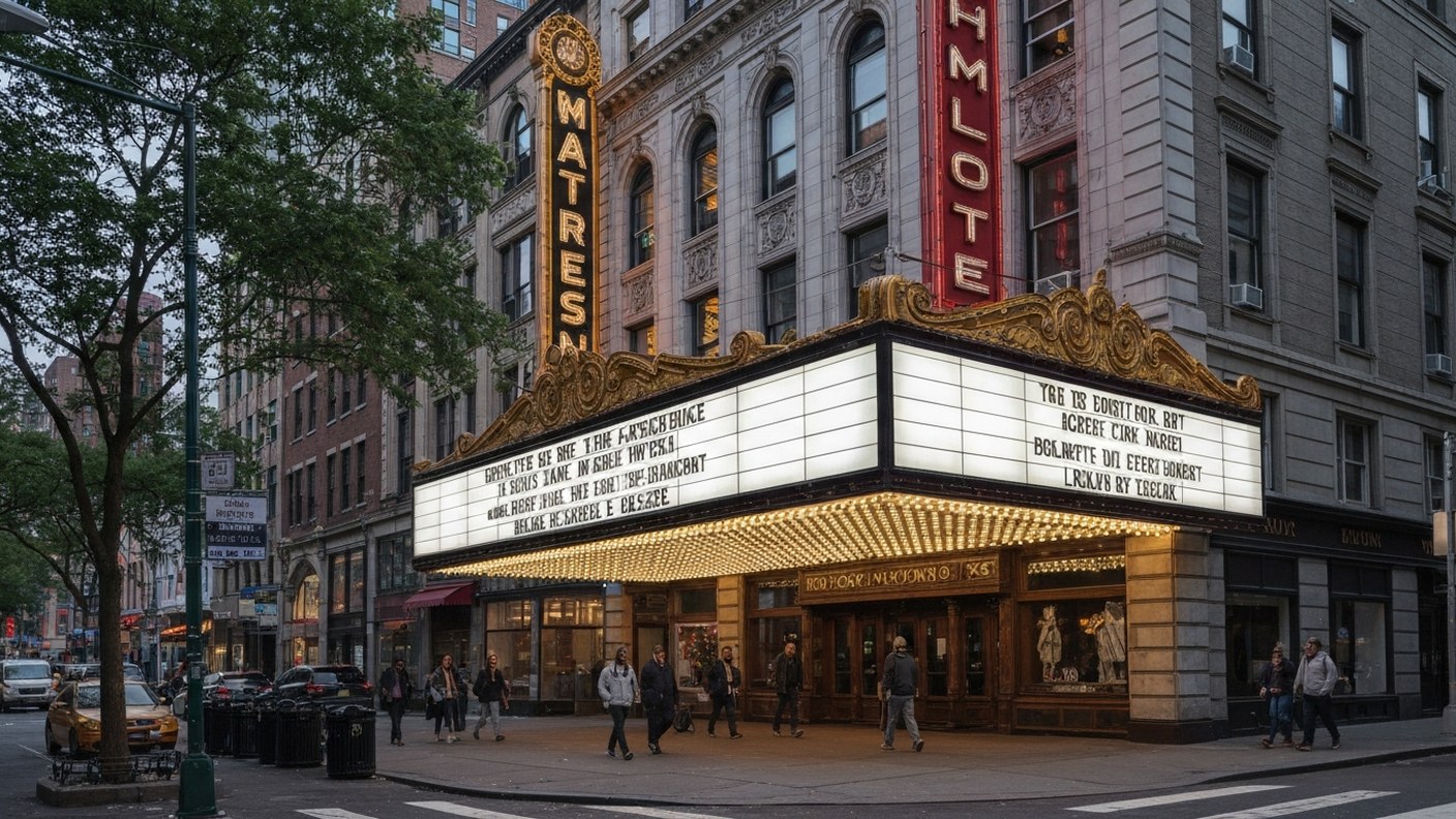 historic theater marquee on a busy commercial street in upper Manhattan, pedestrians on the sidewalk