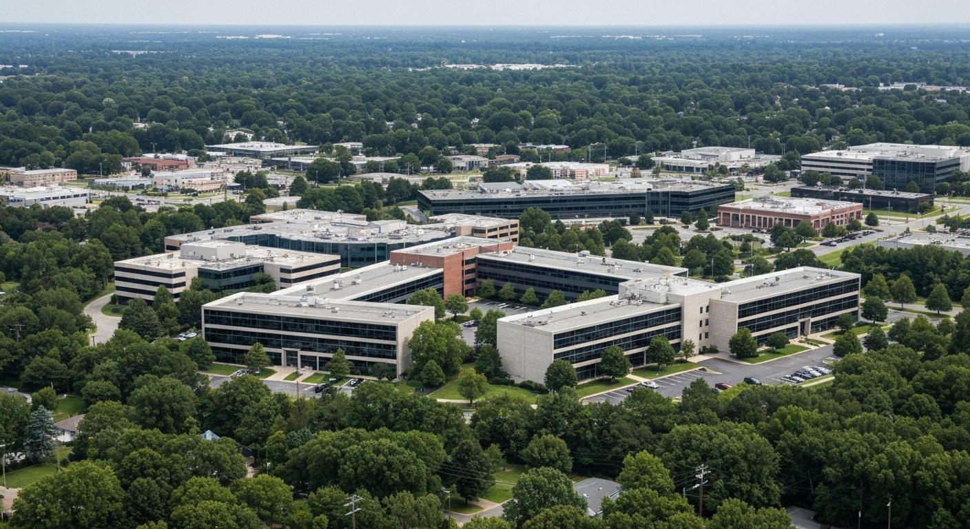 suburban town with corporate office campus surrounded by trees, aerial