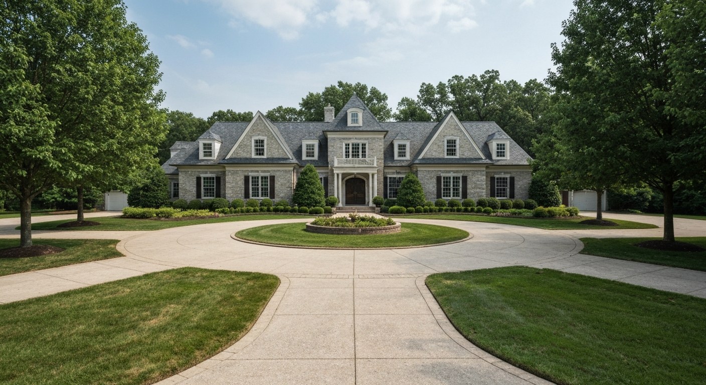 large estate house with circular driveway and mature landscaping