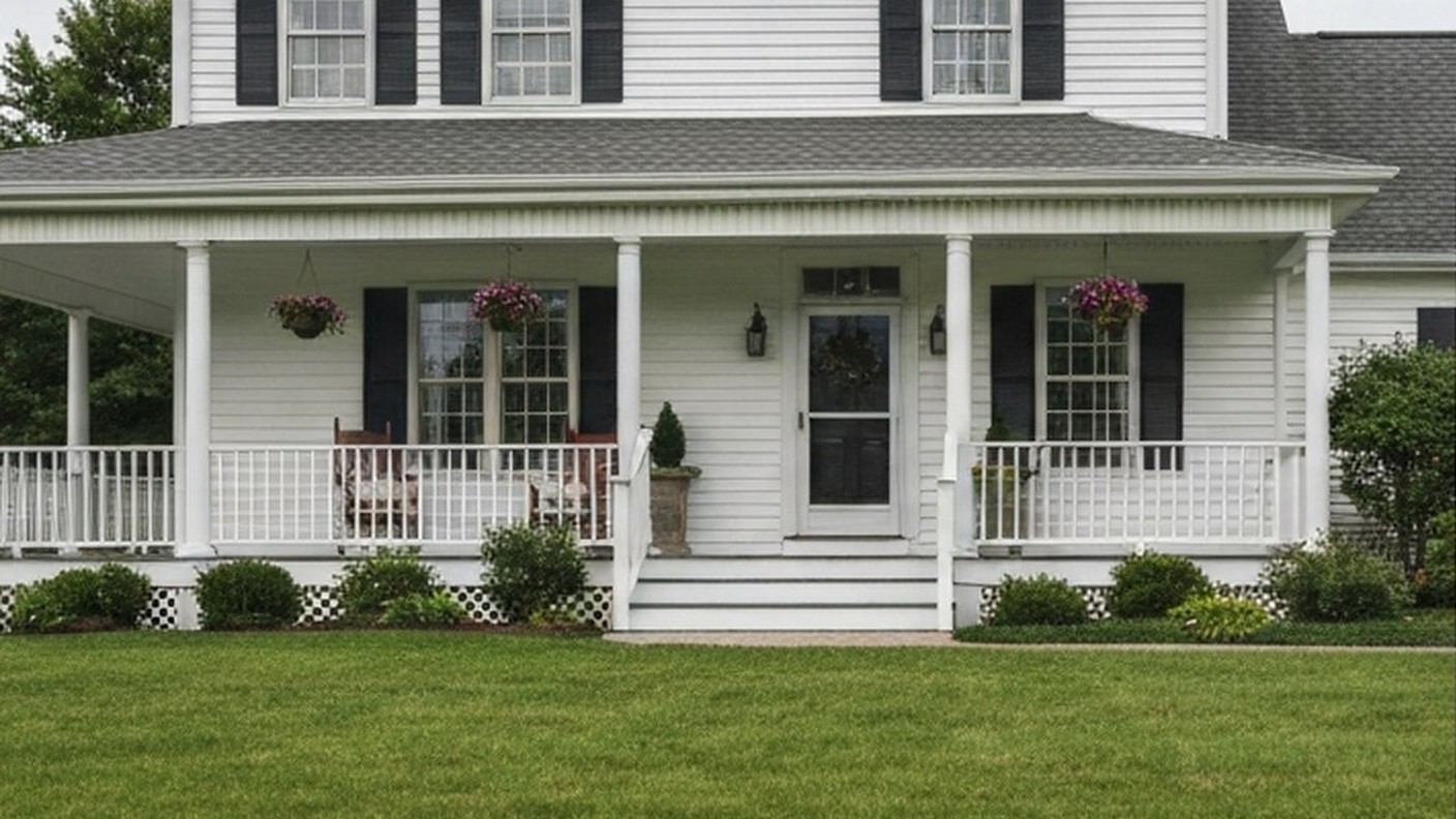 colonial style house with white siding and front porch, green lawn