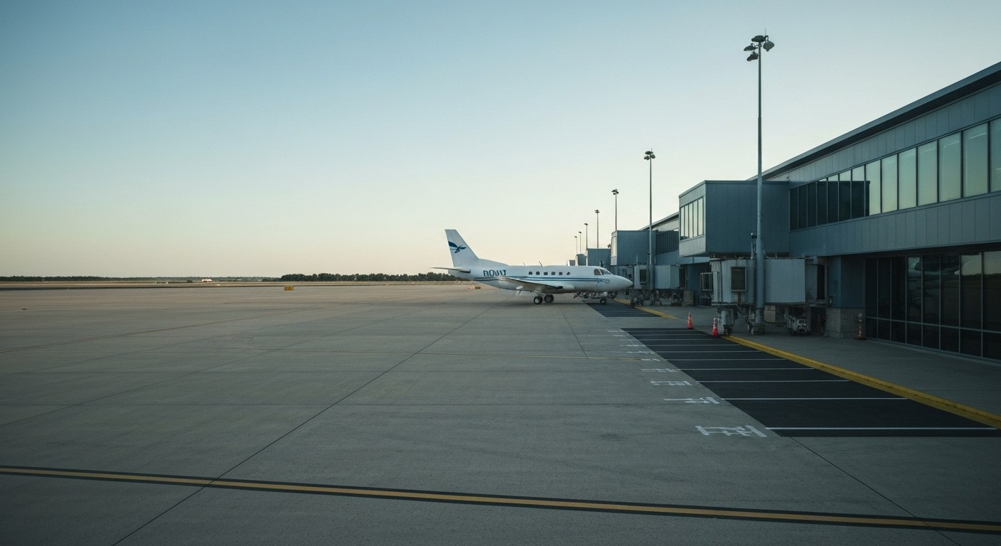 regional airport terminal exterior with small aircraft on tarmac