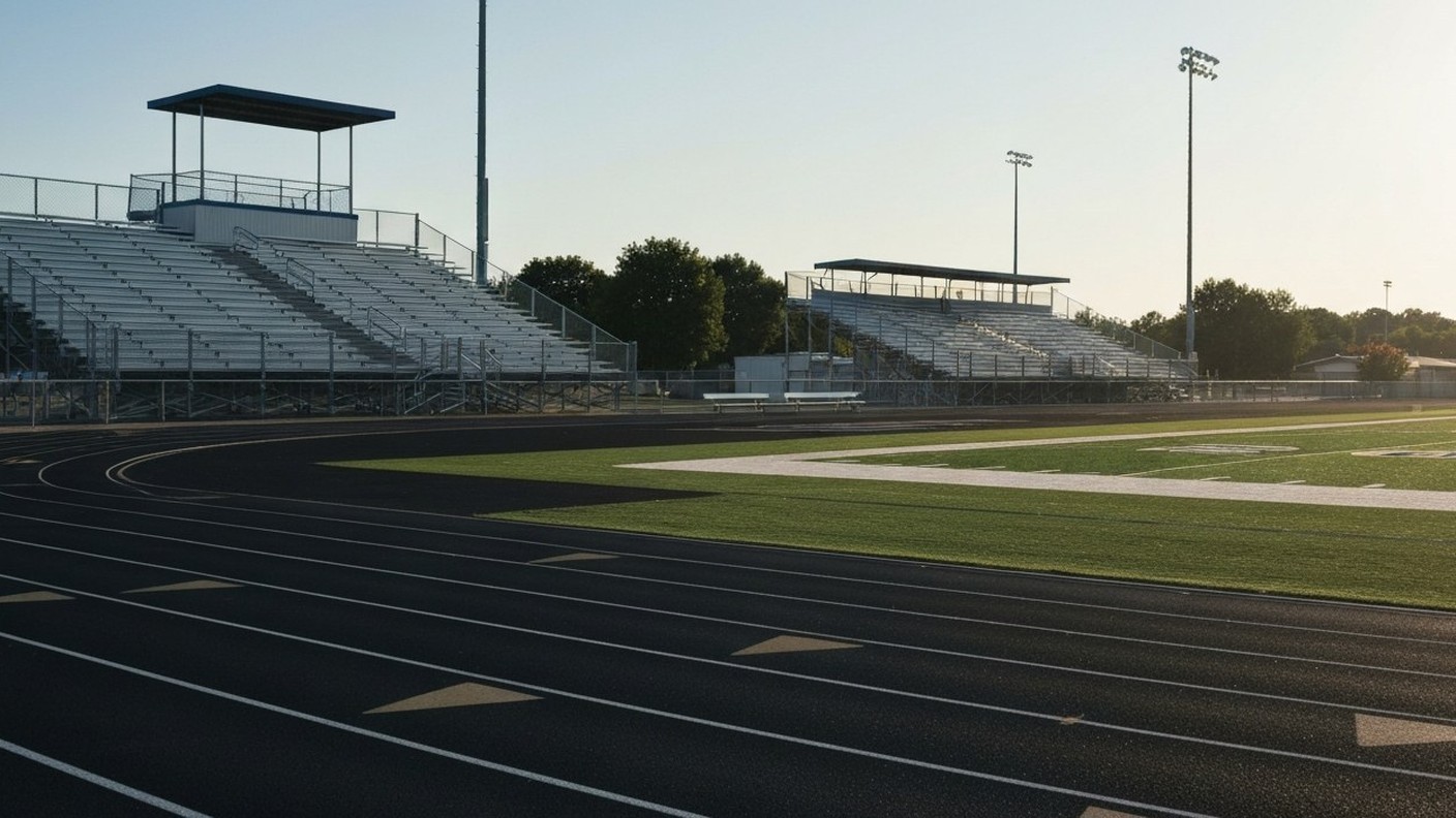 public school sports field with track and bleachers, sunny afternoon