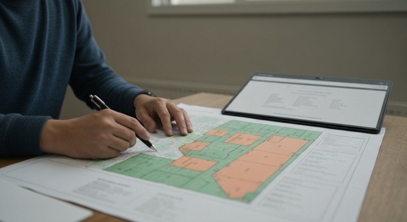 person reviewing a survey map of a property lot on a table