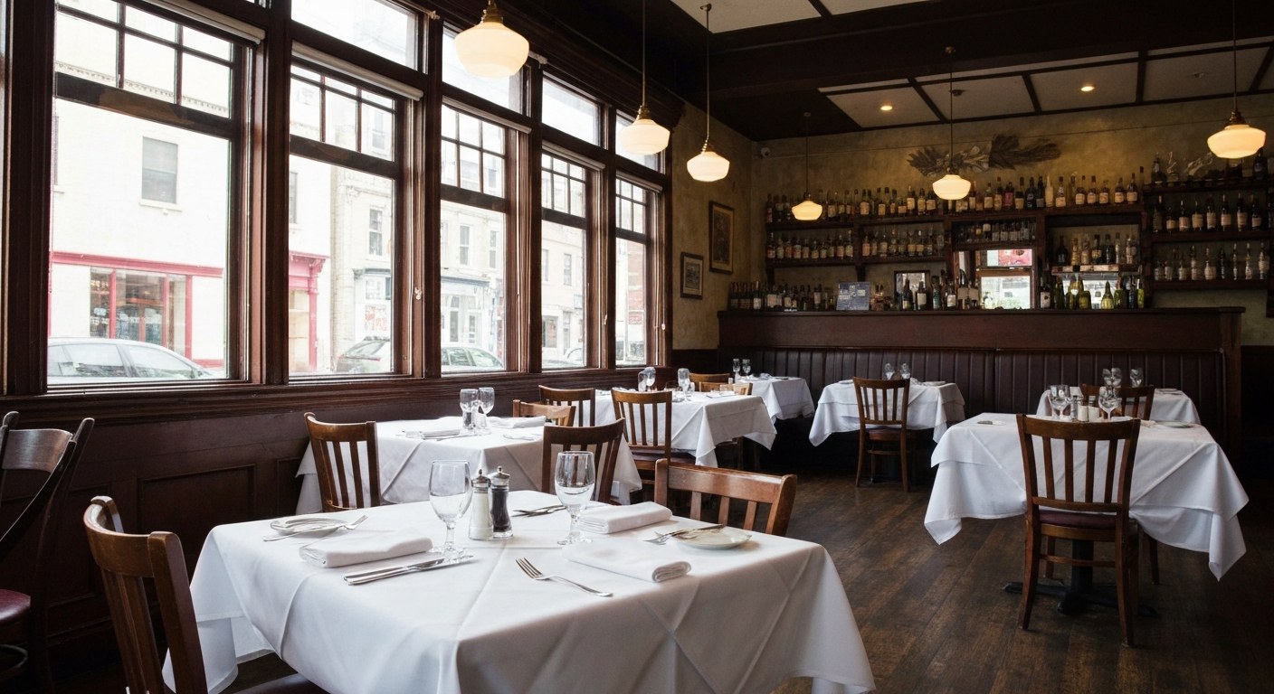 neighborhood italian restaurant interior with white tablecloths