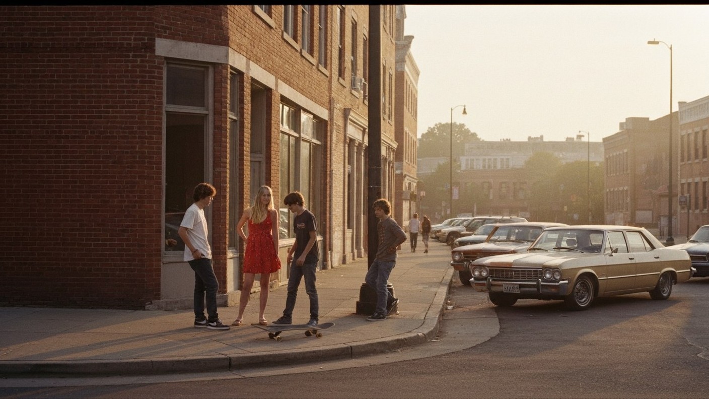 lively Manhattan avenue with restaurants and low rise buildings, evening light