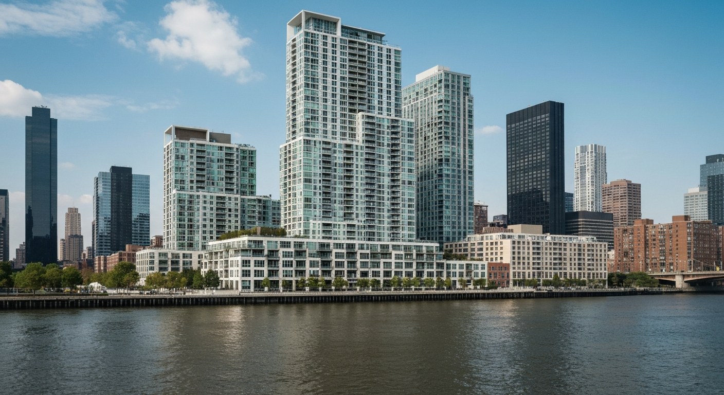 tall modern residential tower complex near a river with city backdrop, New York