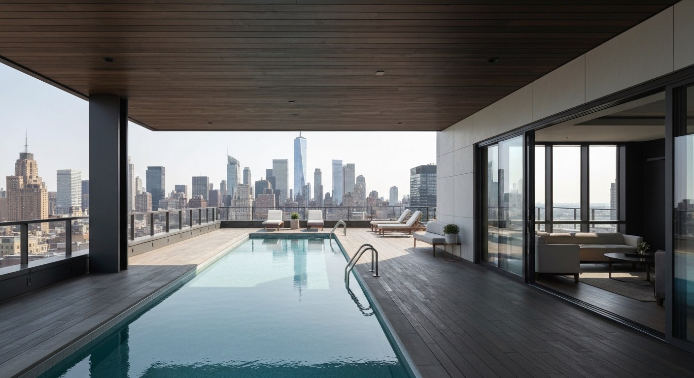 modern apartment interior with rooftop pool and skyline view, New York