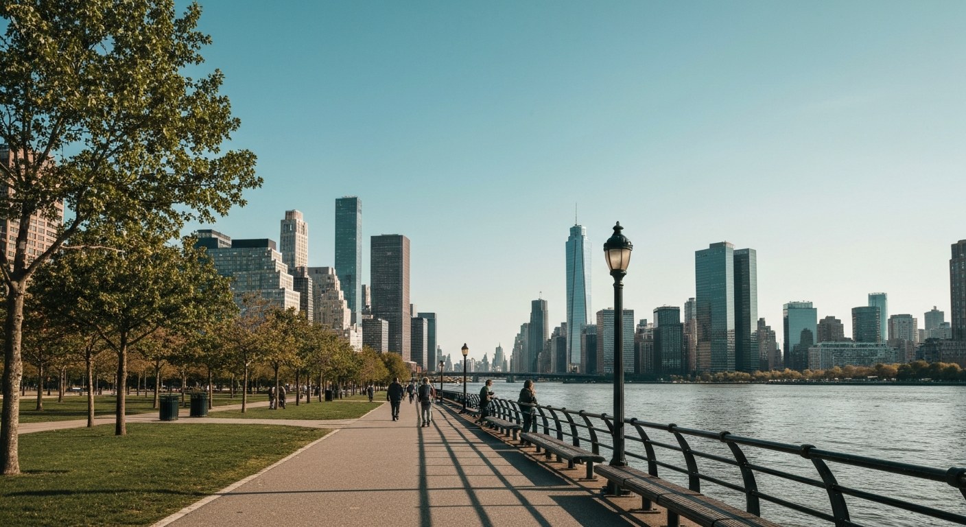 waterfront park path along the Hudson River with people, Manhattan west side