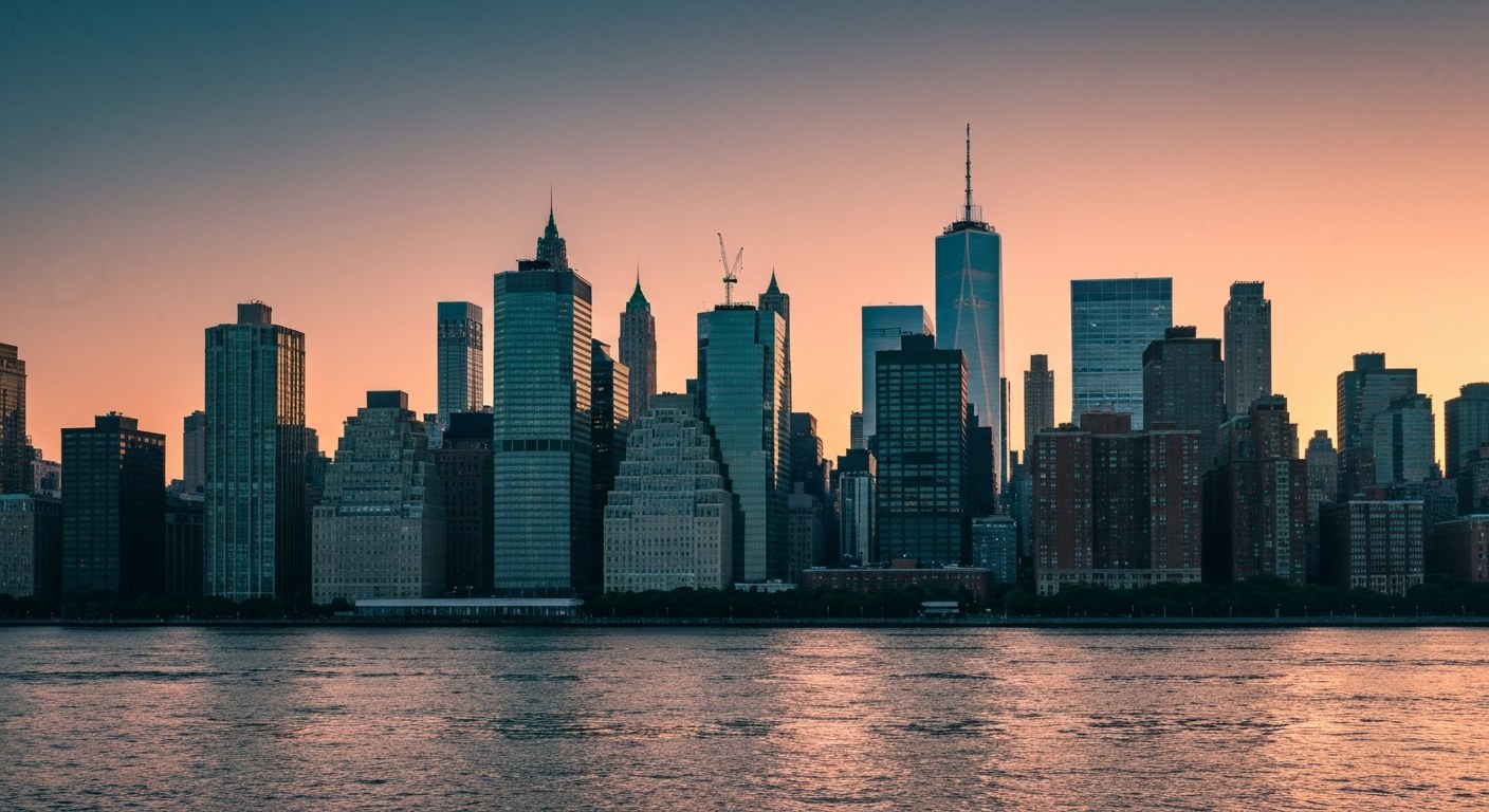 Manhattan west side skyline at sunset seen from the Hudson River
