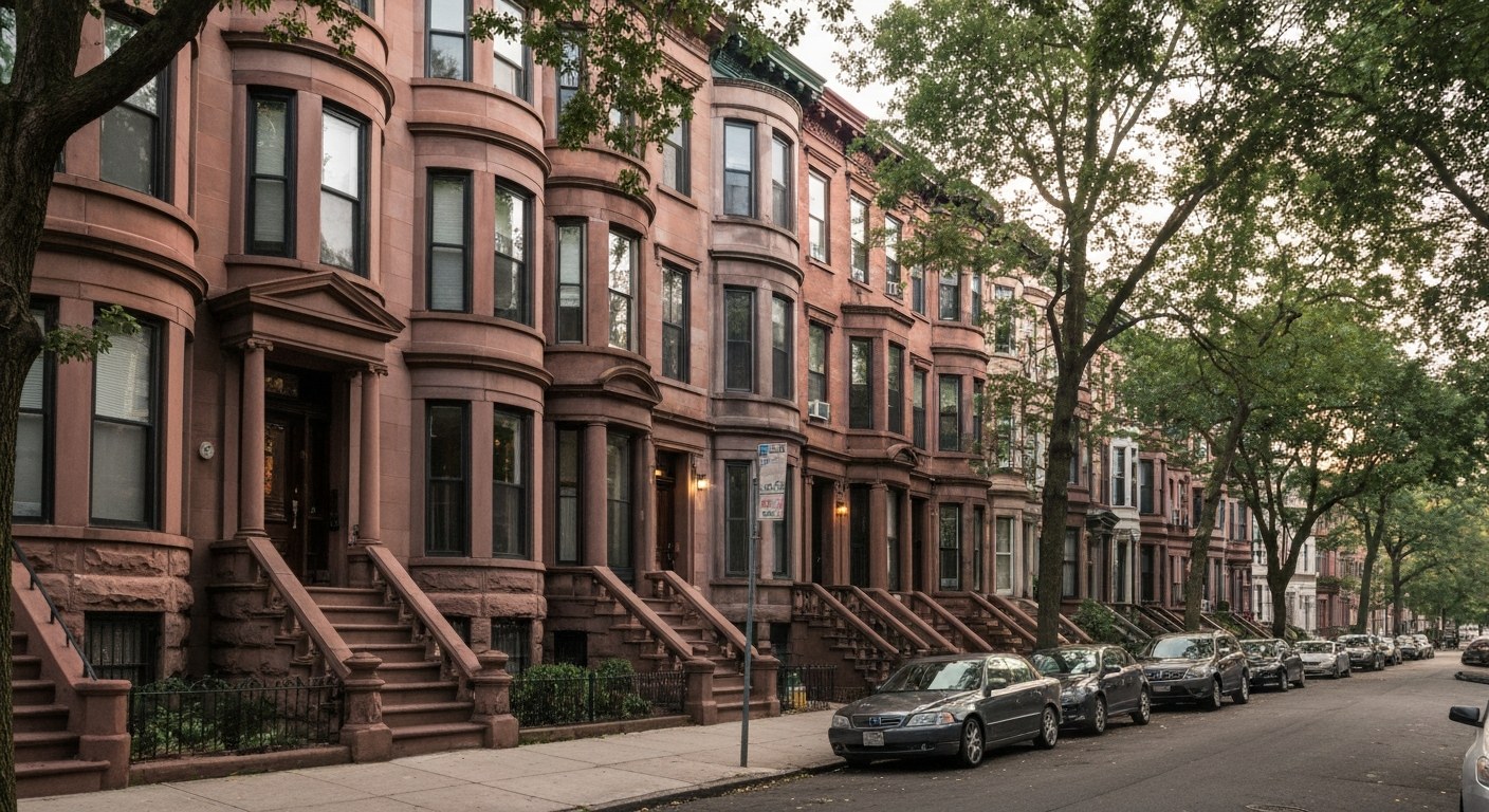 tree-lined residential street in Hoboken New Jersey with four-story brownstone rowhouses, stone stoo
