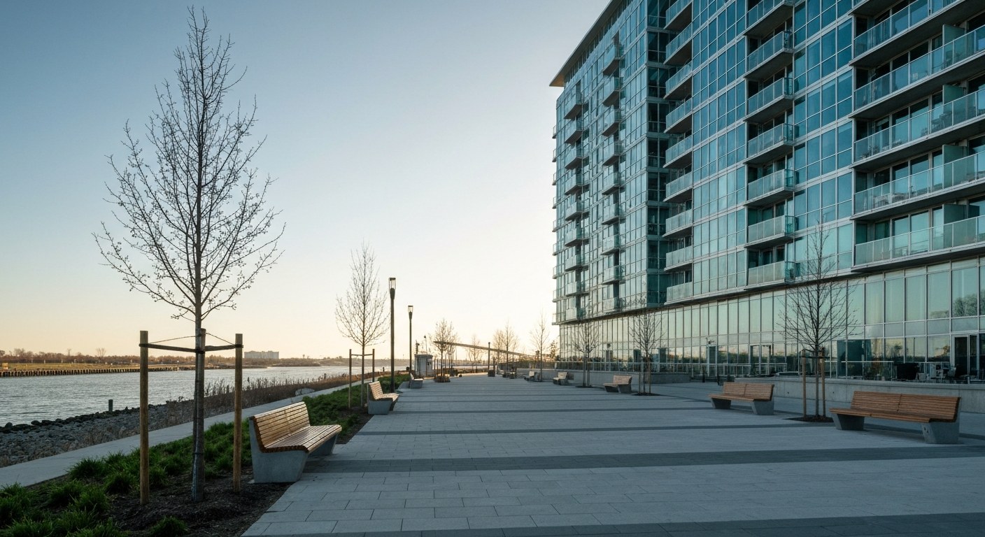 modern waterfront residential condominium building with glass balconies in New Jersey, wide riversid