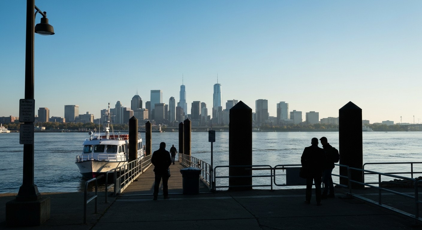commuter ferry terminal on a river waterfront with a boat at the dock and a city skyline across the