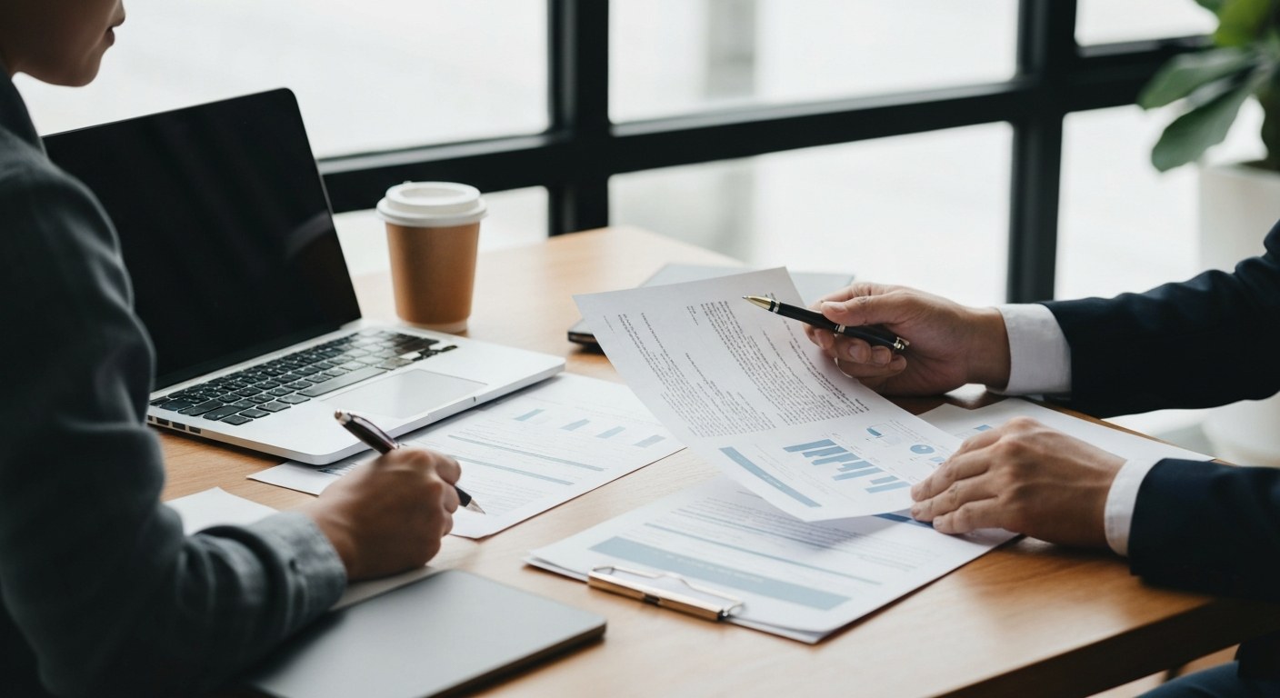 professional real estate consultation with printed documents, a laptop and a coffee cup on a wooden