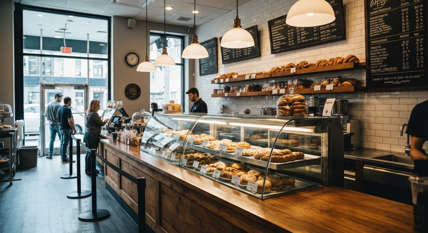 neighborhood bakery interior with wooden counter, pastries in a glass case and warm pendant lighting
