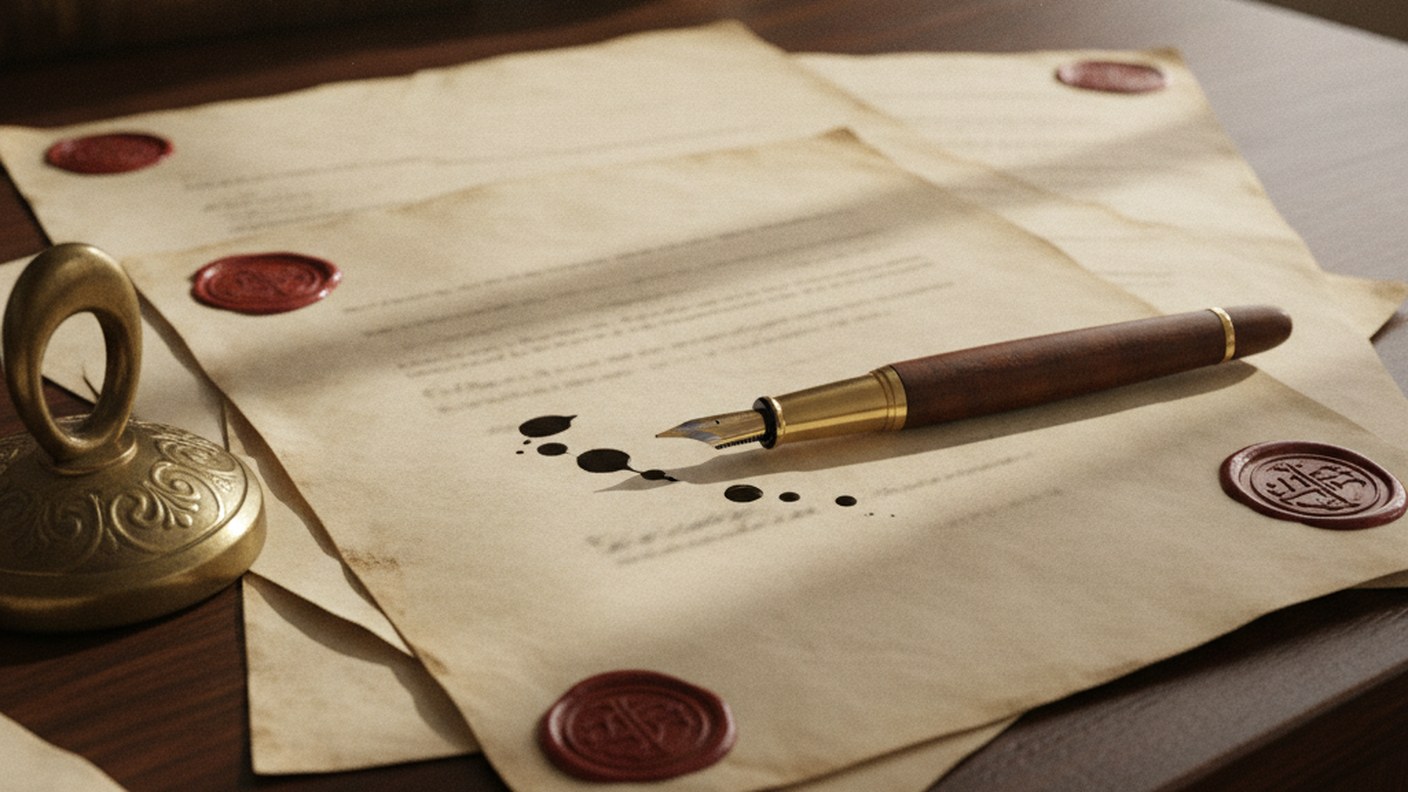 land lease contract documents with fountain pen on dark desk, close up editorial
