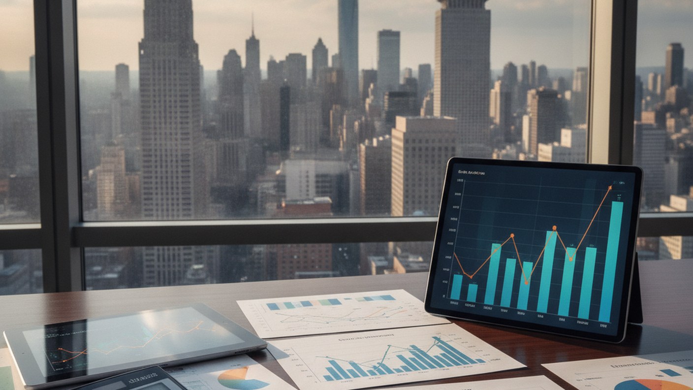 calculator and financial charts on desk with city skyline in background window