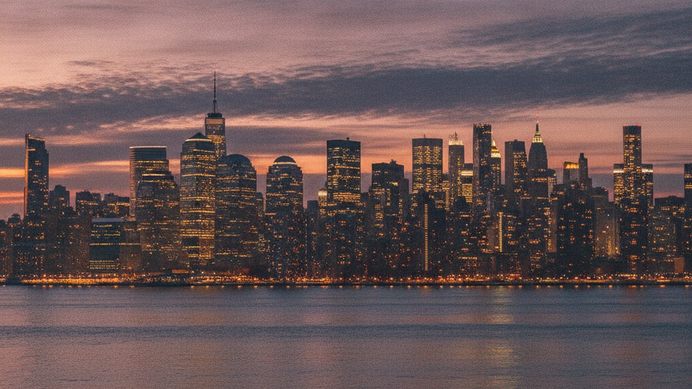 Manhattan skyline at dusk seen across river with warm lights, wide editorial shot