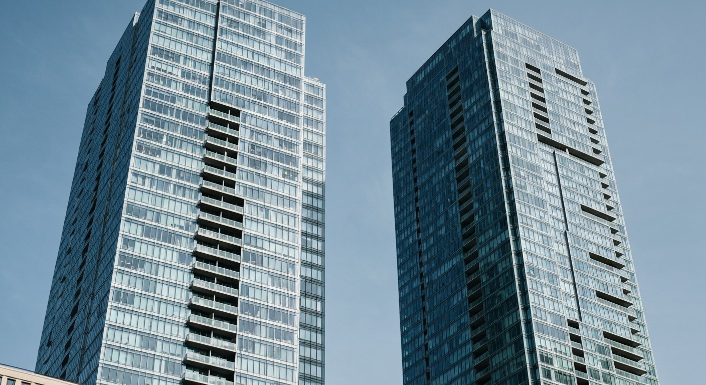 two very tall modern residential towers with glass facades against a clear sky, New York