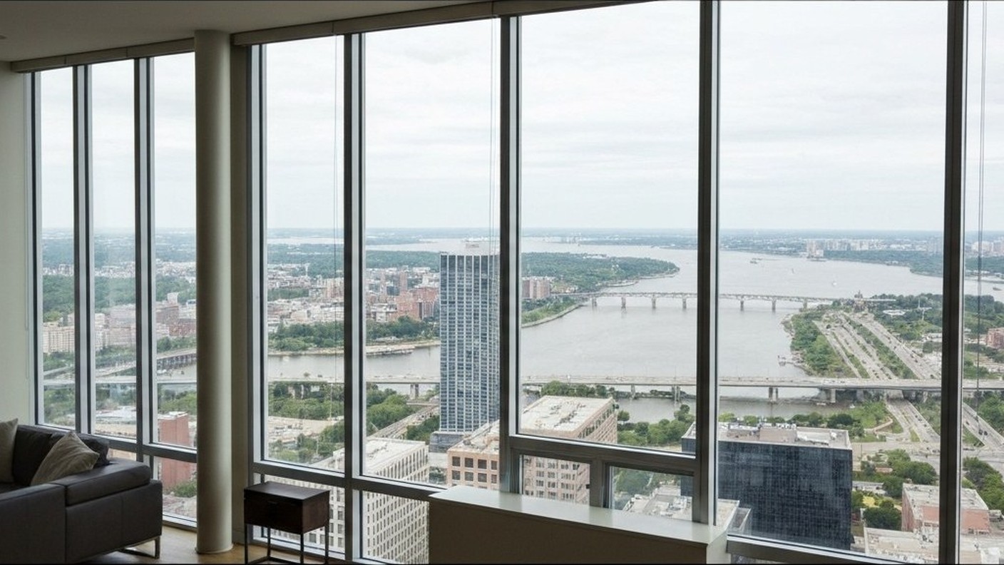 high floor apartment interior with panoramic city and river view through large windows