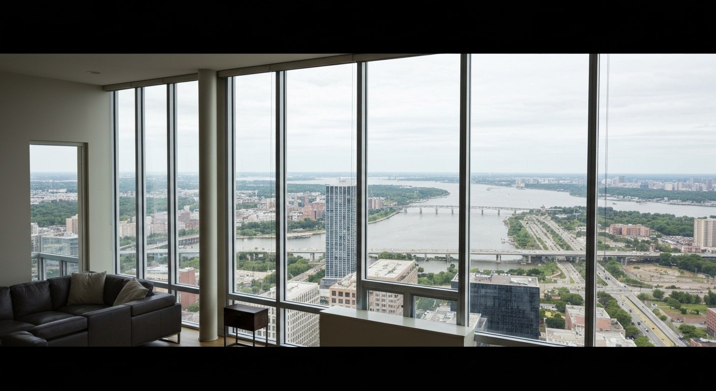 high floor apartment interior with panoramic city and river view through large windows
