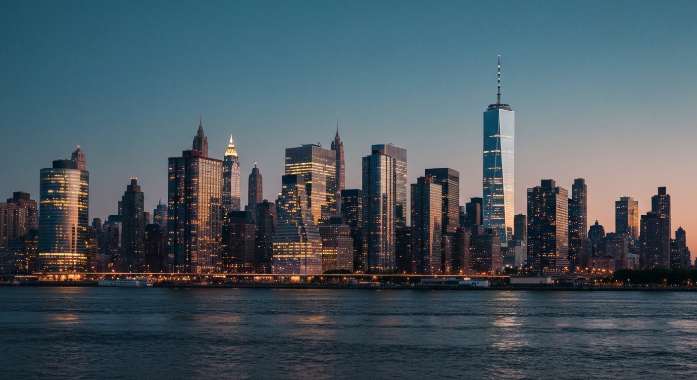 Manhattan west side skyline at dusk with illuminated towers and river