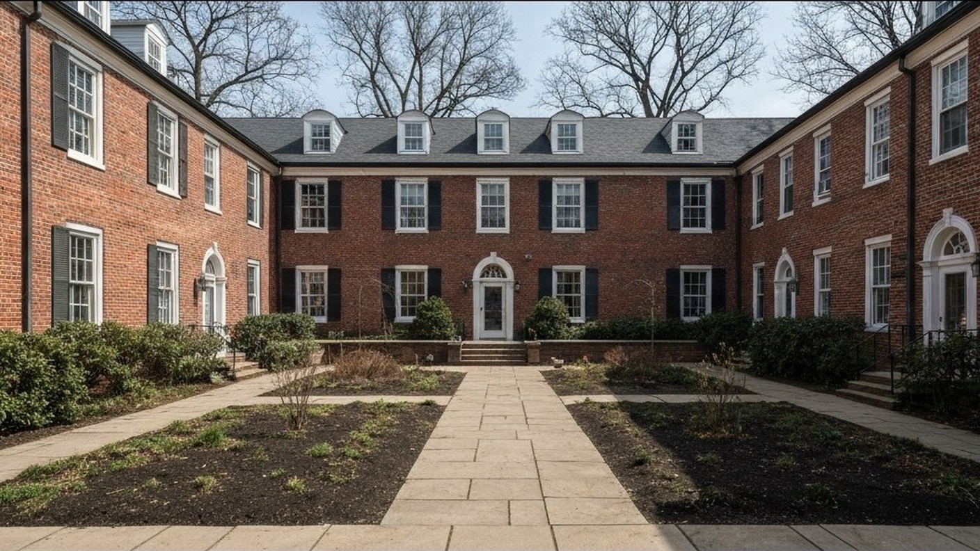 historic brick garden apartment complex with private interior courtyard garden, spring