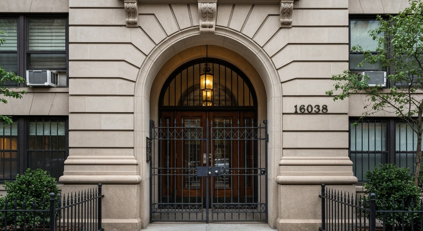 prewar apartment building entrance with arched doorway and iron gate, Queens