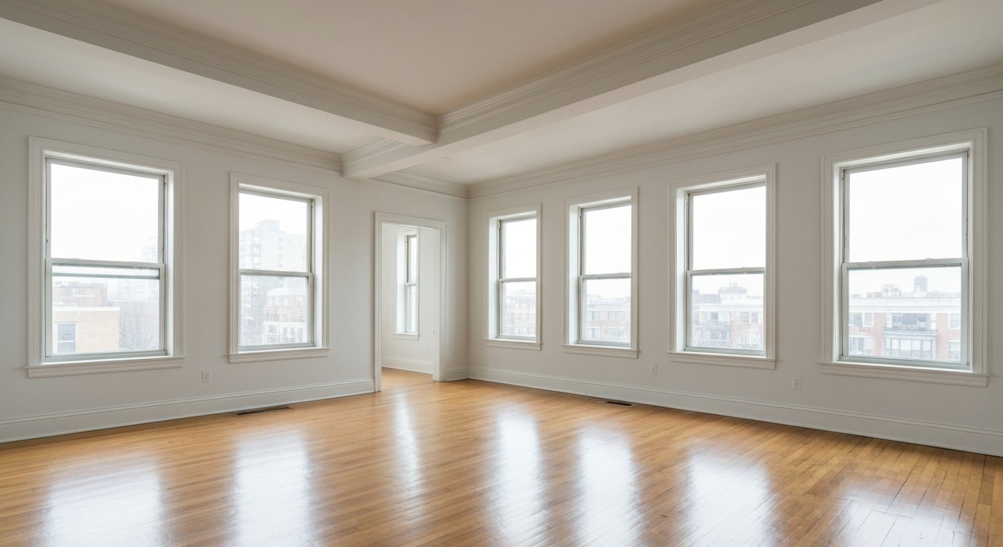 bright prewar apartment interior with high ceilings and wood floors, empty room