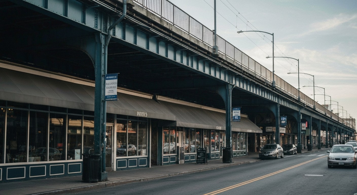 busy commercial street with shop awnings under an elevated subway line, afternoon