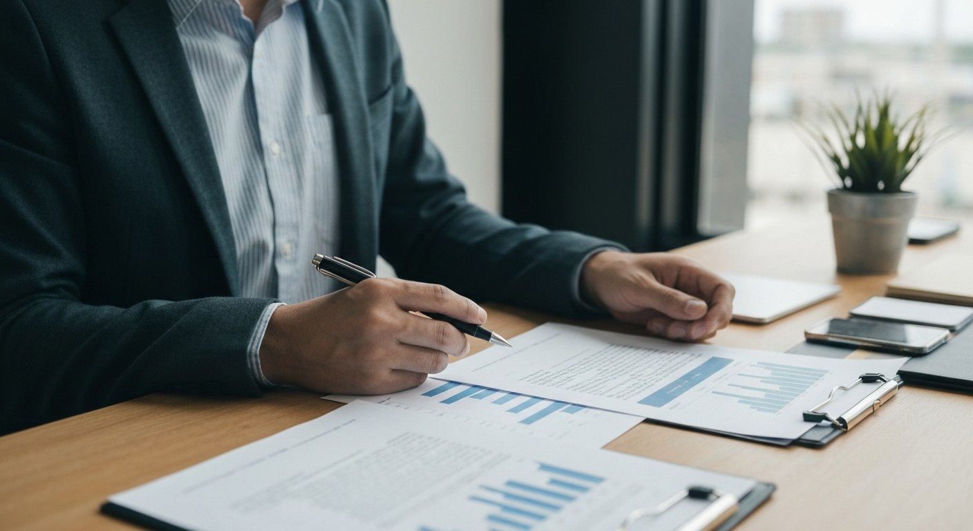 person reviewing building financial documents at a table, office setting