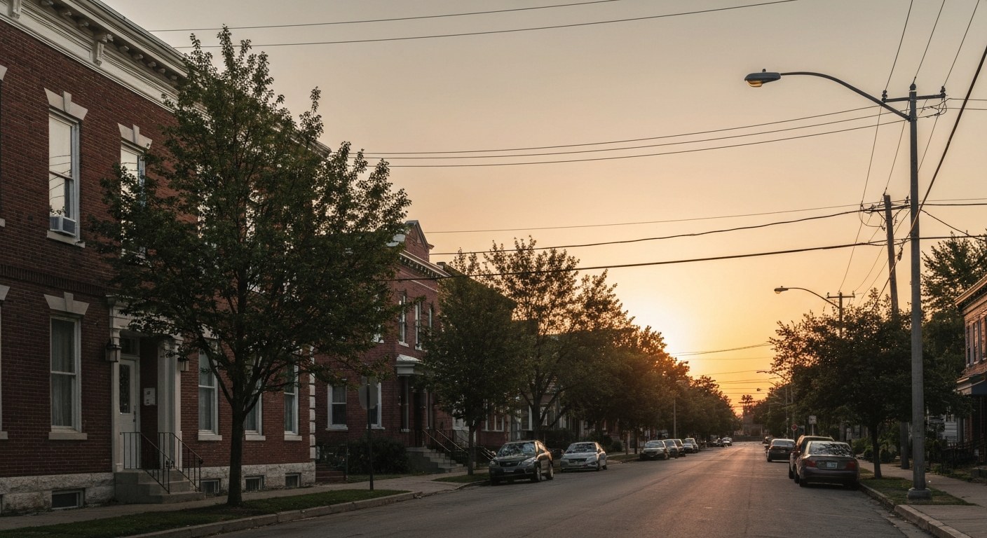 quiet residential street with brick buildings and street trees at sunset