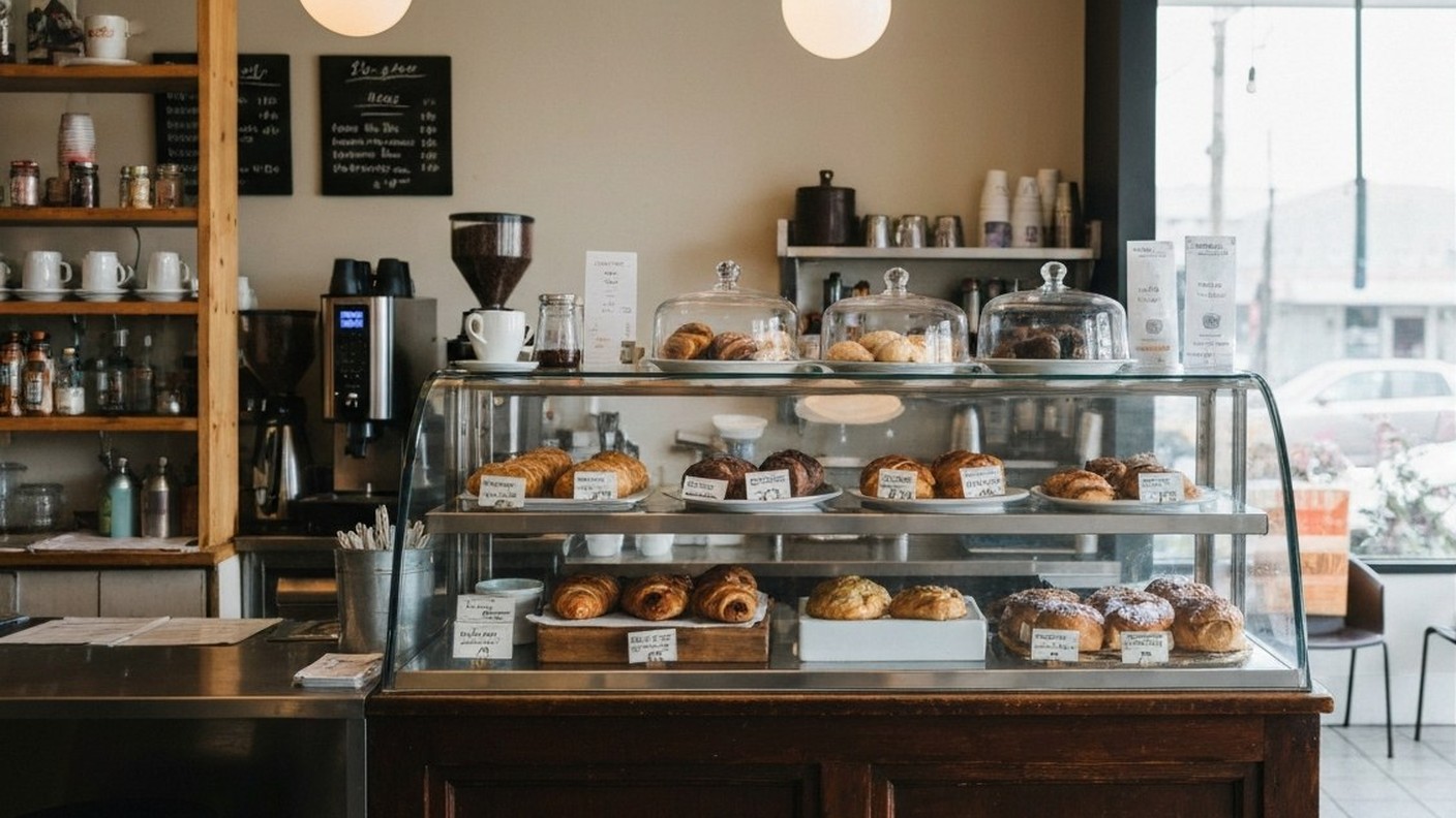 bakery counter with pastries and coffee, small neighborhood cafe interior