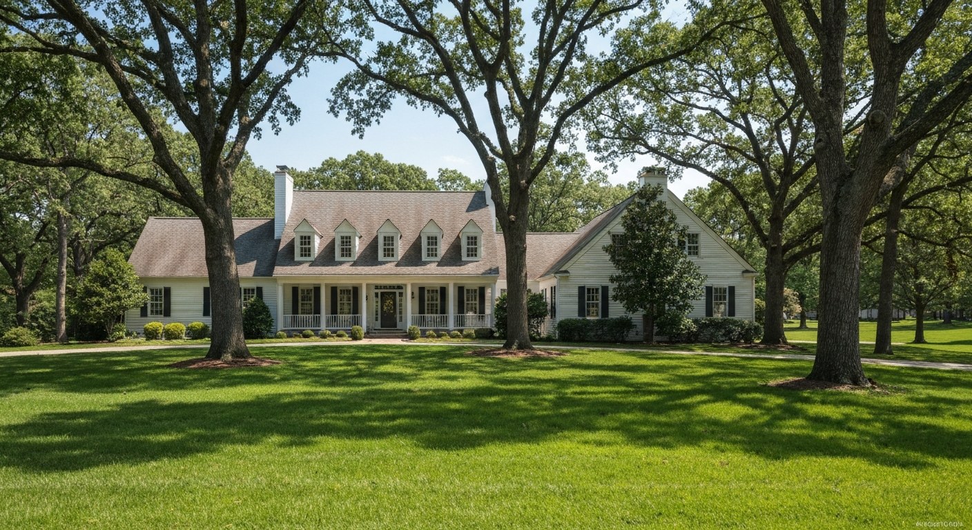 colonial style suburban house with wide lawn and mature oak trees, sunny day
