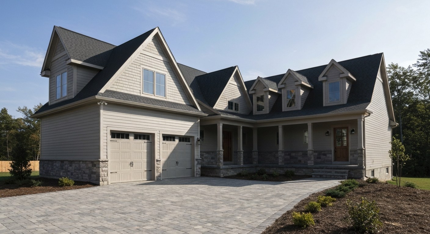 newly built large suburban house with two car garage and paved driveway