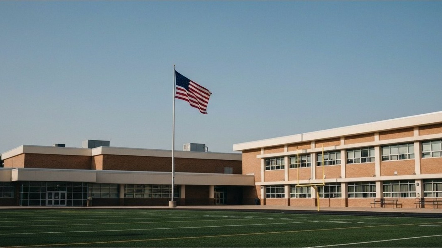 school building exterior with an american flag and empty sports field, clear day