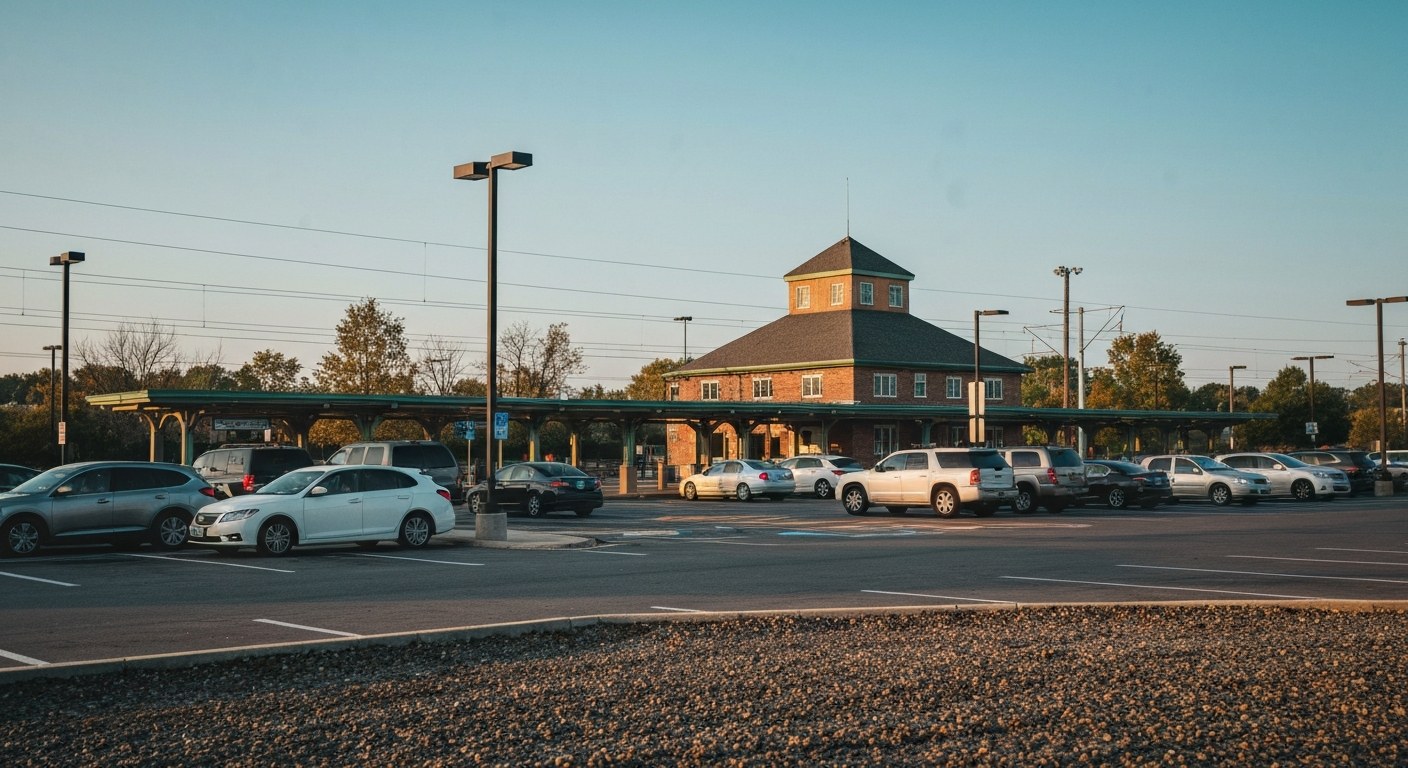 park and ride commuter parking lot next to a railroad station, morning