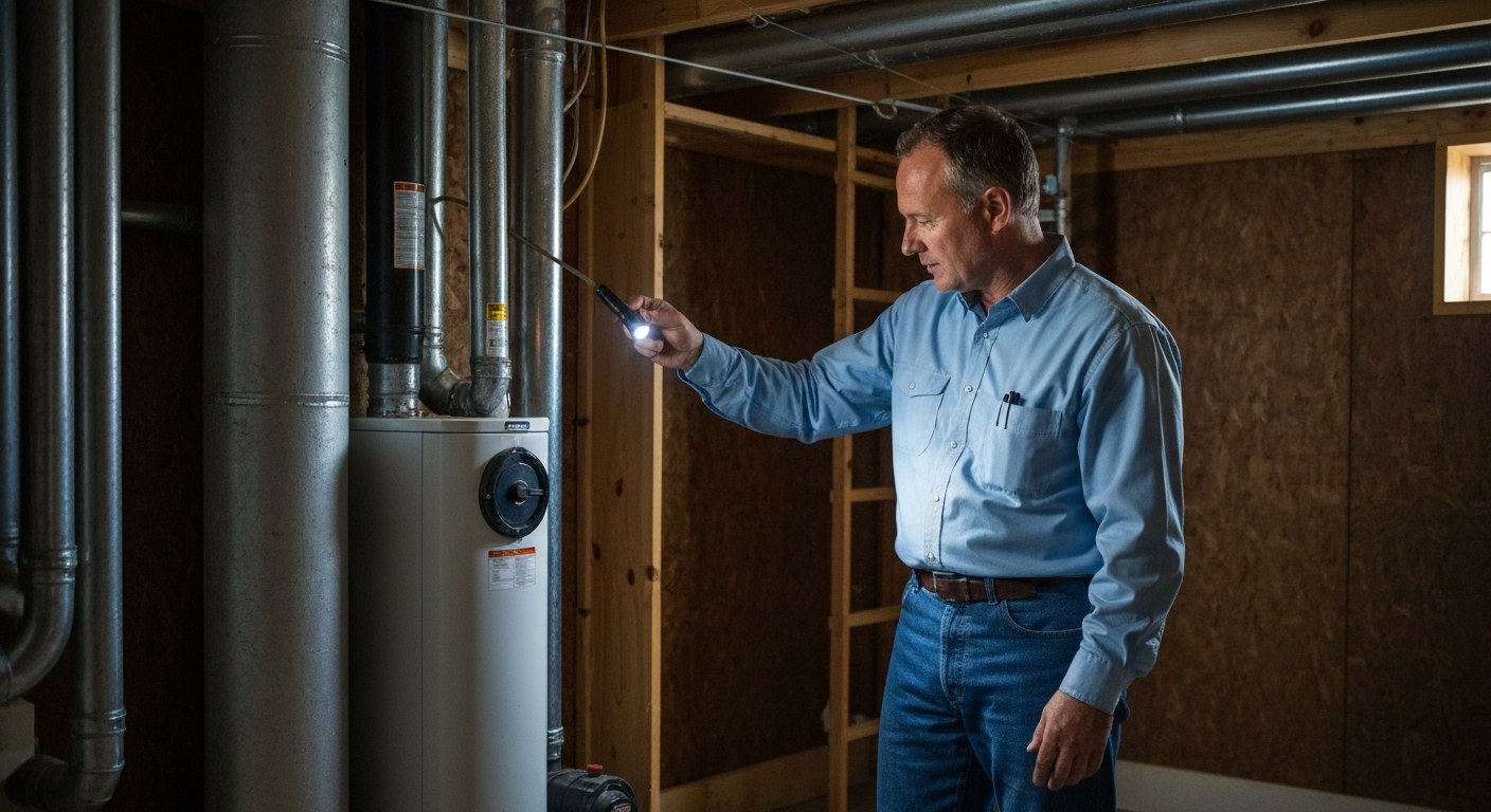 home inspector checking a basement heating system with a flashlight