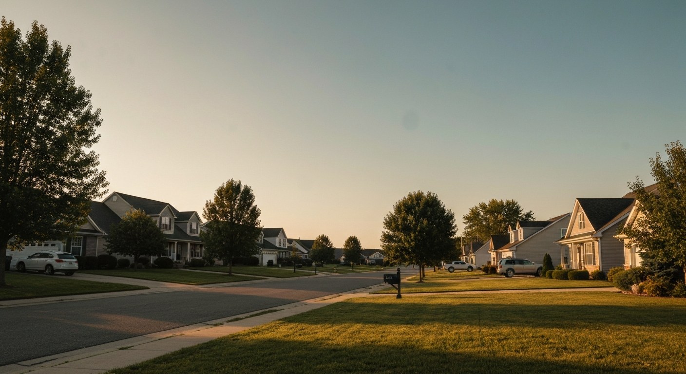 quiet suburban residential street with houses and lawns at golden hour