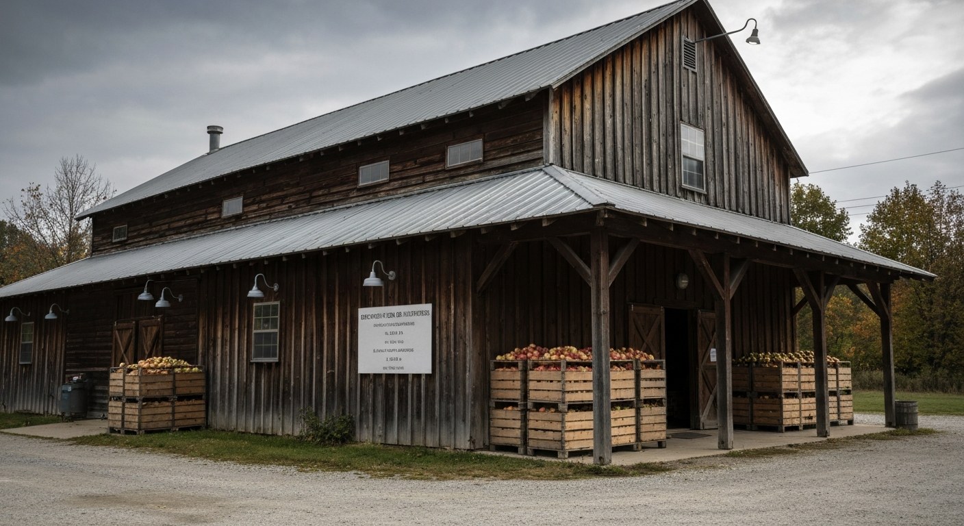 old wooden cider mill building with apple crates outside in autumn