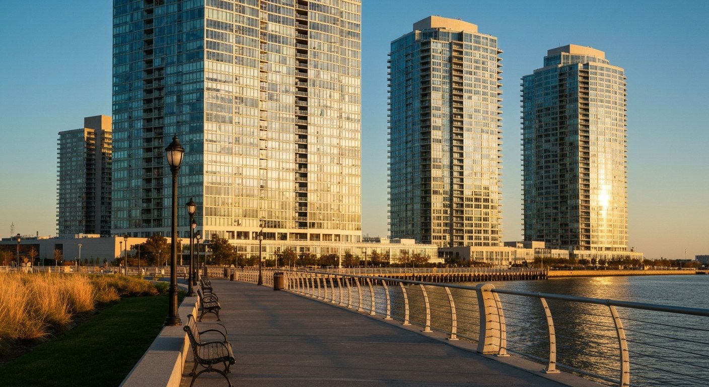 waterfront high-rise residential towers along a river promenade in New Jersey at golden hour, glass 