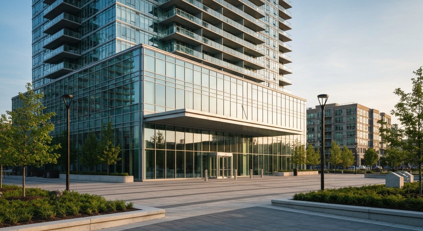 modern glass residential tower entrance with a landscaped plaza in New Jersey, morning light, no peo