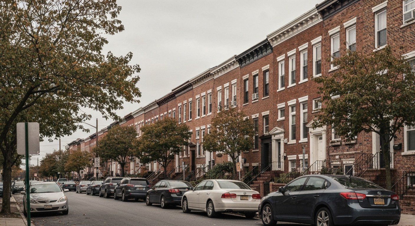 rows of attached brick townhouses on a residential street in New Jersey with parked cars and street 