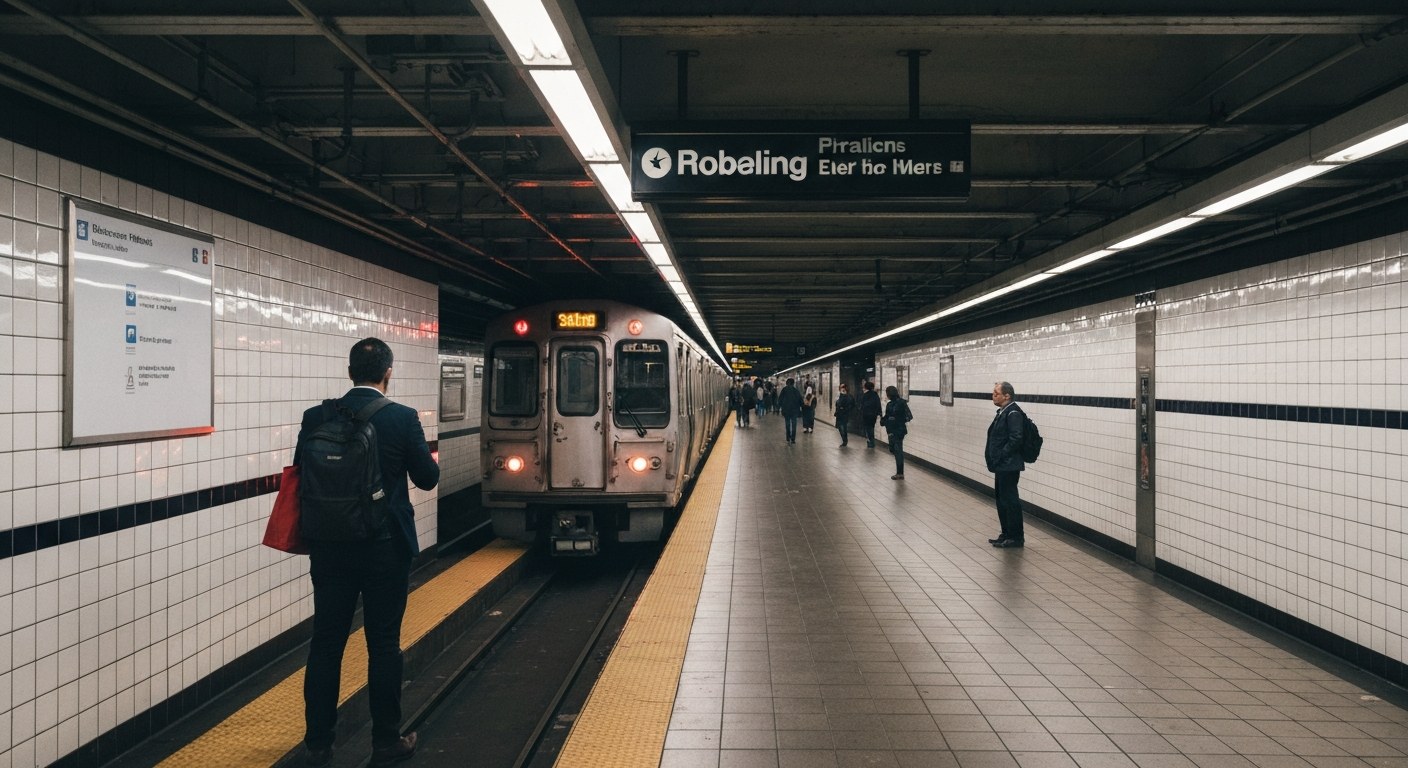 subway station platform with a train arriving, tiled walls and overhead signage, commuters waiting, 